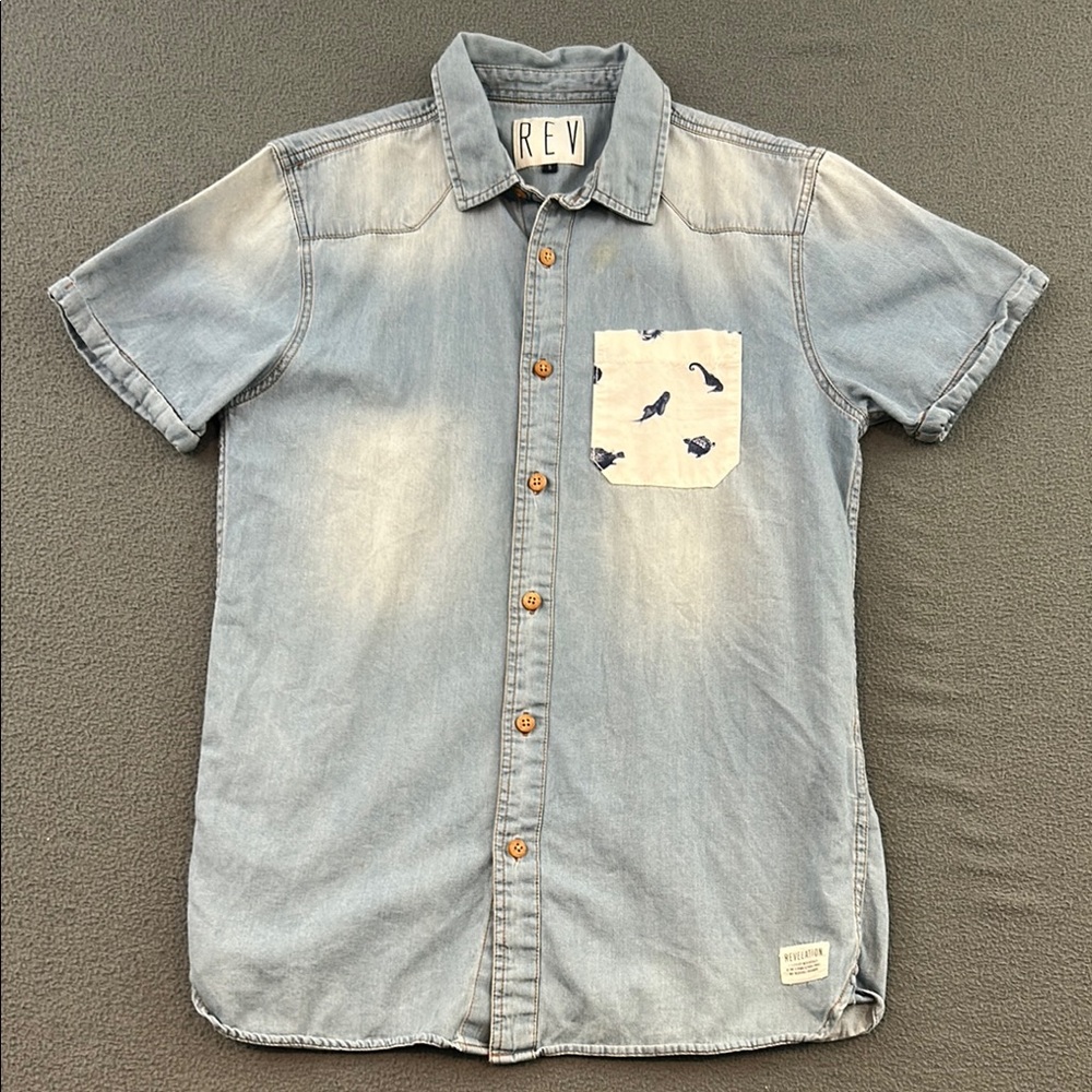 Light Blue Denim Shirt with Patterned Pocket | Men’s Small | 100% Cotton